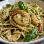 Close-up photo of Lemon Garlic Shrimp Pasta with a glossy finish and sprinkled parsley.