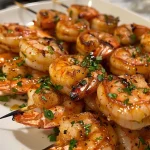 Close-up view of succulent Honey Garlic Shrimp on a plate garnished with green onions.