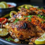 Close-up view of garlic herb chicken with golden crust beside crispy roasted baby potatoes.