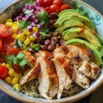 Close-up view of a vibrant healthy chicken taco bowl featuring quinoa, chicken, and fresh vegetables.