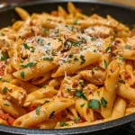 Close-up of creamy chicken penne arrabbiata topped with fresh herbs.