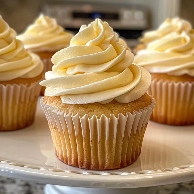 Irresistibly Moist Vanilla Cupcakes That Elevate Any Celebration Close-up side view of fluffy vanilla cupcakes with creamy frosting.
