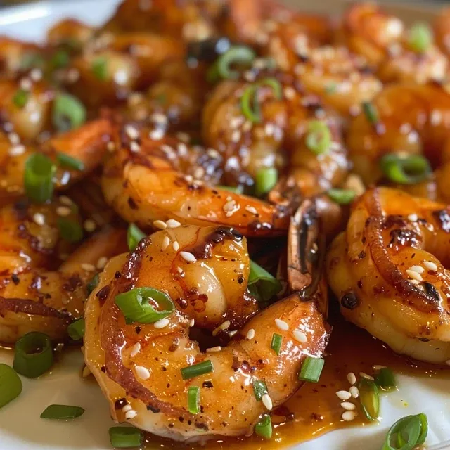 Juicy shrimp coated in a shiny honey garlic sauce, displayed with fresh herbs.