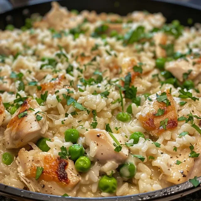 Side view of a skillet filled with juicy chicken, rice, and a creamy sauce, featuring green peas.