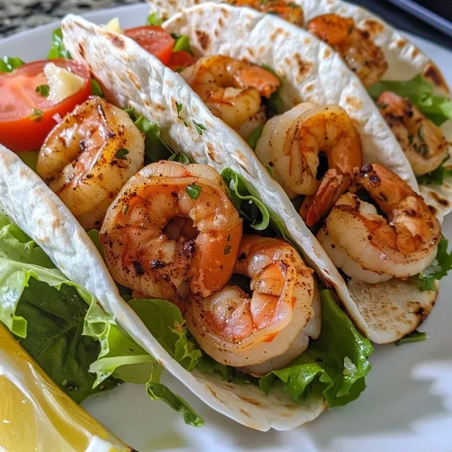 Side view of a delicious shrimp wrap, showcasing shrimp, lettuce, and tomato, on a plate with lemon wedges.