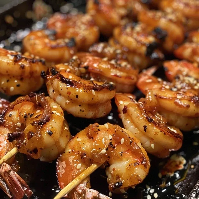 Effortless Grilled Shrimp Skewers for Flavor-Packed Evenings Close-up of grilled shrimp skewers on a wooden table.