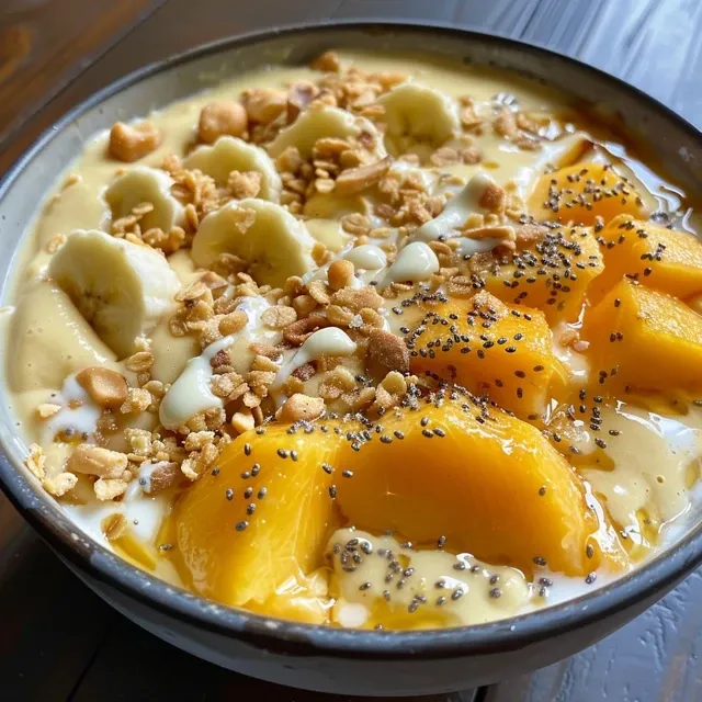 Delicious smoothie bowl featuring layers of peach and mango with toppings of granola and nuts.