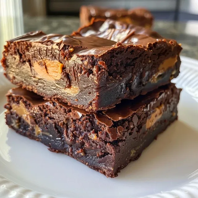 Close-up of rich, dark chocolate brownies with a glossy surface and a sprinkle of sea salt.