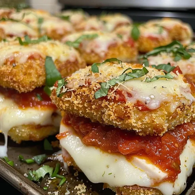 Side view of Chicken Parmesan Sliders topped with melted cheese and marinara sauce.