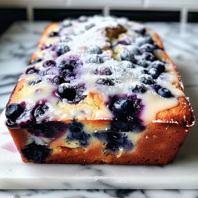 Close-up of a freshly baked blueberry lemon loaf, highlighting the texture and juicy fruit inside.