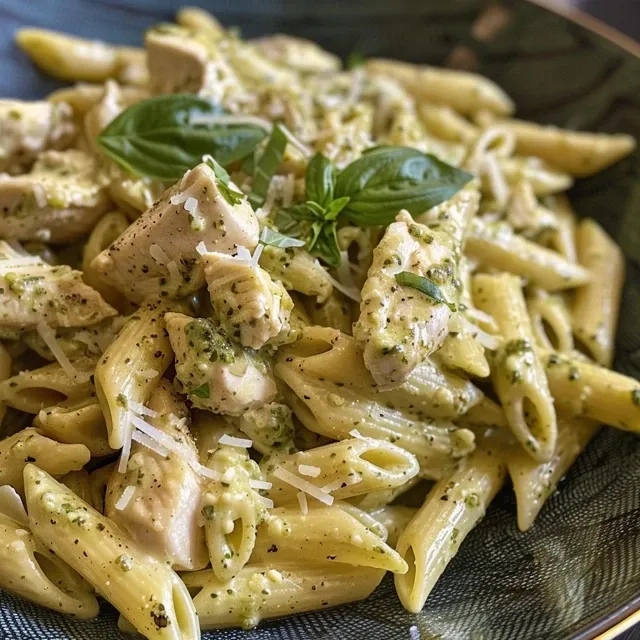 Juicy chicken pasta dish featuring creamy pesto sauce, garnished with herbs.