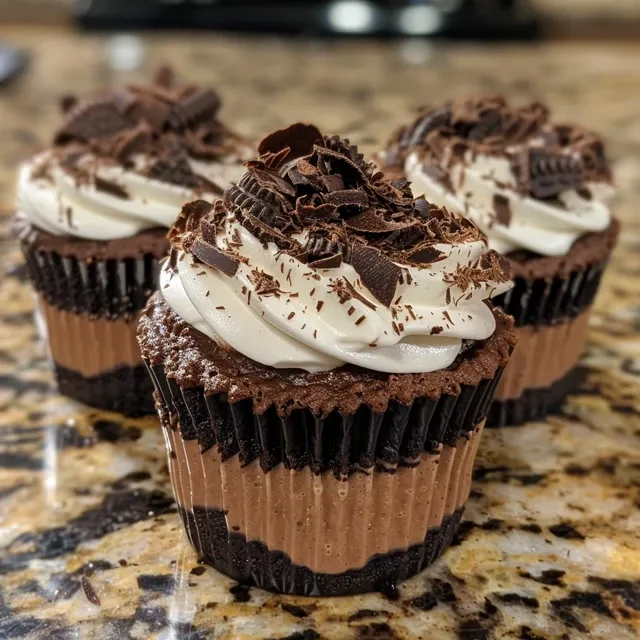 Delicious chocolate cheesecake cups layered with cream cheese and chocolate pudding, topped with whipped cream.