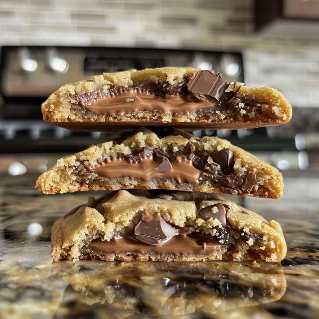 Side view of a gooey Nutella-stuffed chocolate chip cookie, showcasing rich filling.