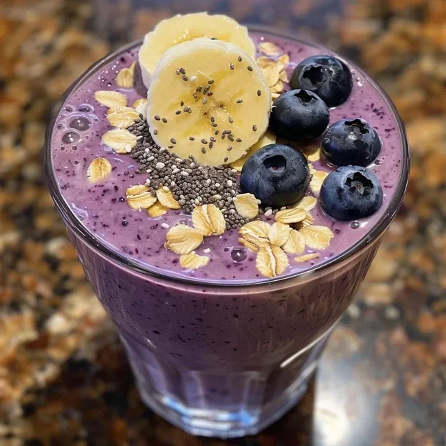 Side view of a creamy blueberry banana smoothie, with blueberries and banana slices around the glass.