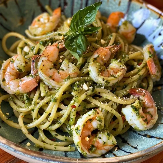 Side view of a plate featuring Lemon Garlic Shrimp Pasta, garnished with lemon wedges.