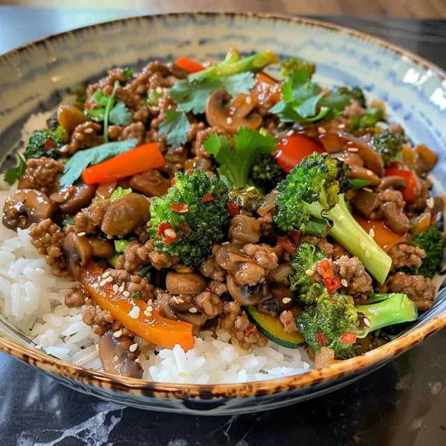Side view of a colorful beef stir-fry bowl served over steamed rice.