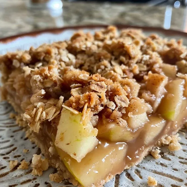 Side view of a slice of Apple Crisp Bar, showcasing juicy apple filling.