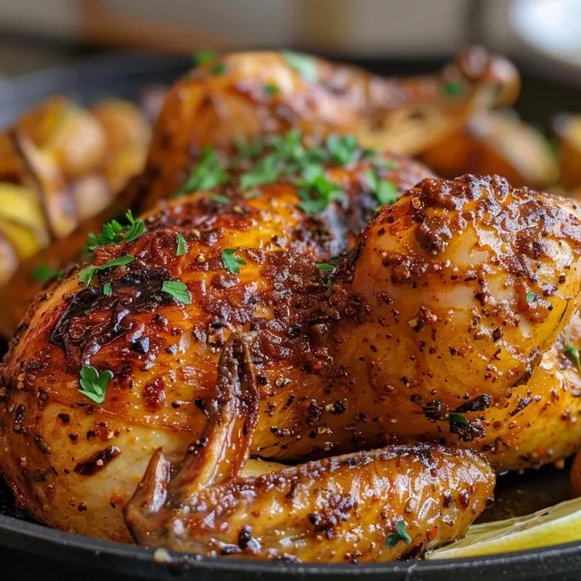 Juicy garlic herb chicken garnished with herbs and surrounded by roasted baby potatoes.
