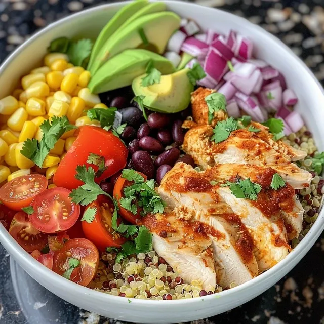 Side view of a delicious chicken taco bowl filled with colorful ingredients like black beans, corn, and diced avocado.