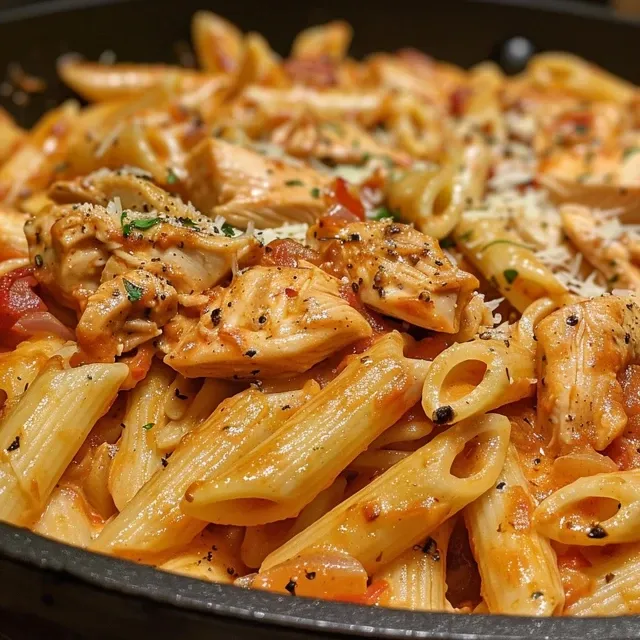 Side view of a delicious bowl of creamy chicken penne pasta with tomato sauce.