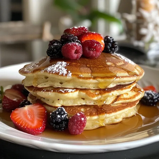 Side view of golden-brown pancakes with a drizzle of maple syrup and powdered sugar.