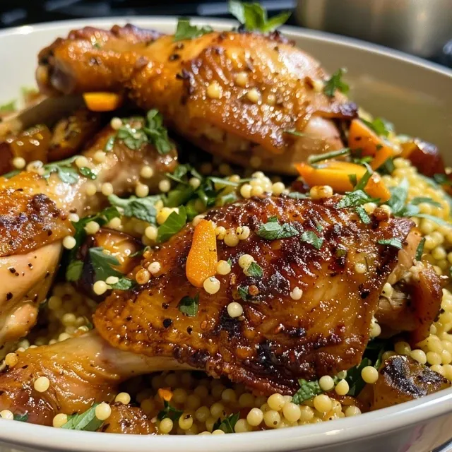 Juicy chicken thighs nestled in flavorful pearl couscous with spices and dates.
