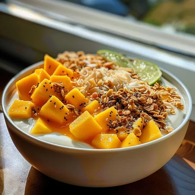Close-up view of a Spicy Mango Yogurt Bowl topped with mango, honey, and lime zest.