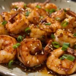 Freshly cooked high-protein shrimp, drizzled with honey garlic sauce and topped with sliced green onions.