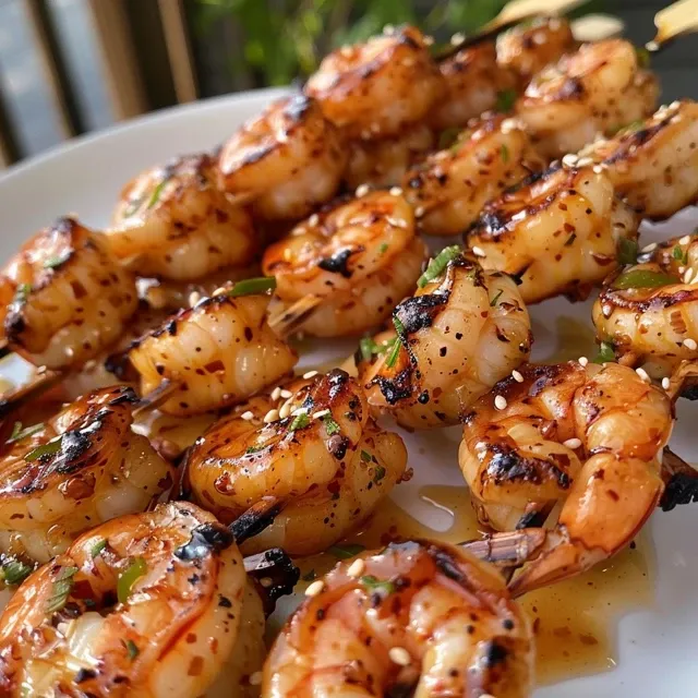 Juicy shrimp skewers with a glaze of honey and spices.