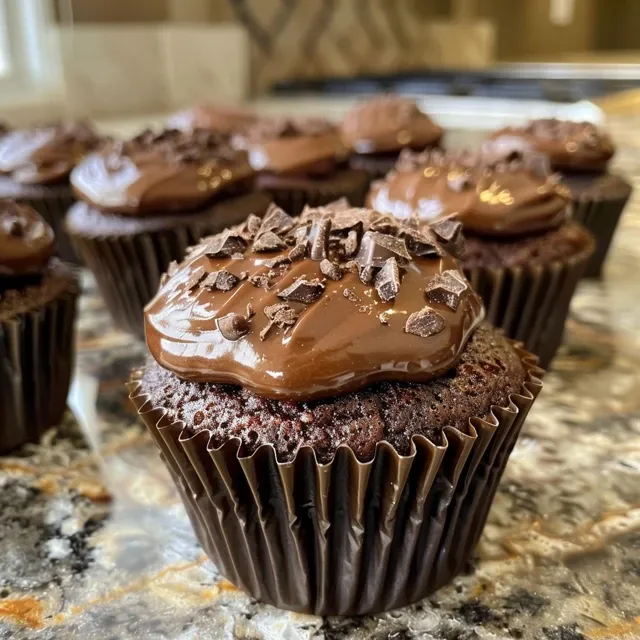 Mini chocolate cupcakes with a rich dark frosting, showcasing a delicious creamy texture.