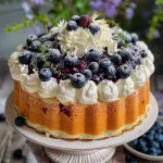 Juicy blueberry chiffon cake with a smooth whipped cream topping, adorned with fresh berries and thyme.