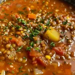 Detailed shot of tomato lentil soup with visible lentils, tomatoes, and herbs.