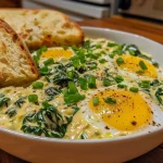 Juicy spinach and eggs presented in a dish, highlighting the creamy texture and vibrant colors.
