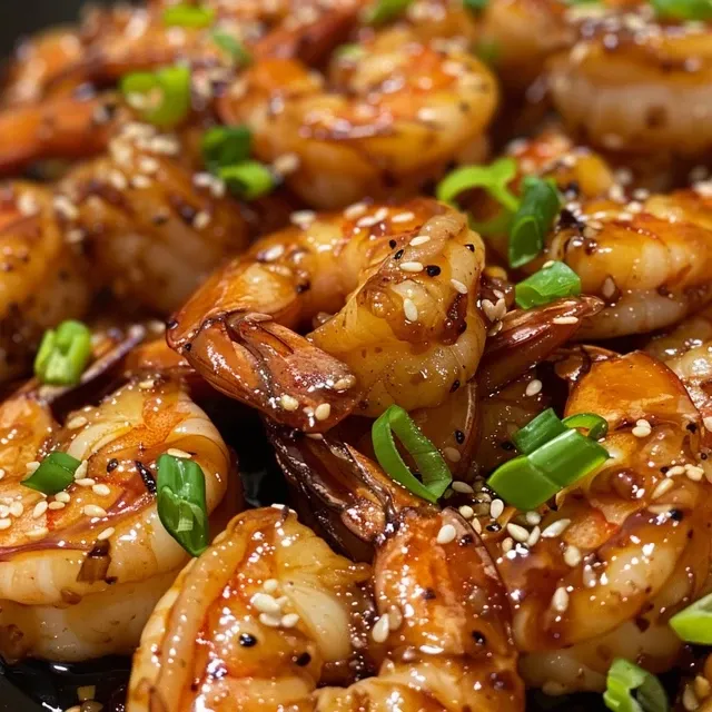A side view of tender shrimp in a sweet and savory honey garlic mixture, garnished for a vibrant presentation.
