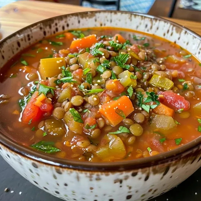 Close-up of delicious homemade tomato lentil soup featuring a blend of vegetables and spices.