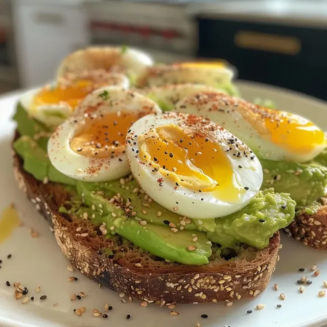 A beautifully plated serving of avocado toast with a perfectly cooked hard-boiled egg and seasoning.