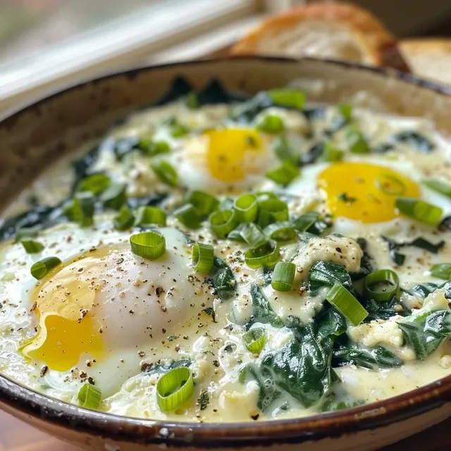 Close-up of a delicious creamy spinach and eggs meal, featuring fresh spinach and golden eggs.