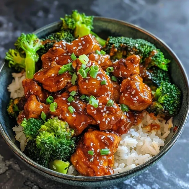 Delicious sticky chicken bowl topped with sesame seeds and garnished with greens.