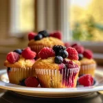 A close-up side view of a freshly baked berry muffin, showcasing a golden-brown top and colorful berries.