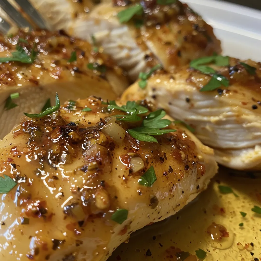 A side view of seasoned chicken breast ready to be served, garnished with parsley.