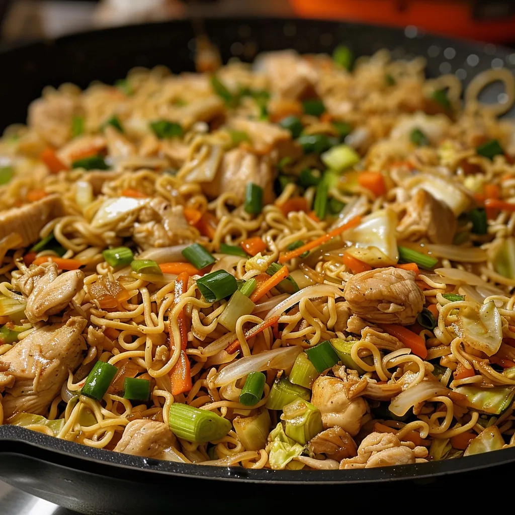 Close-up of tender chicken and vegetables in a delicious chow mein dish.