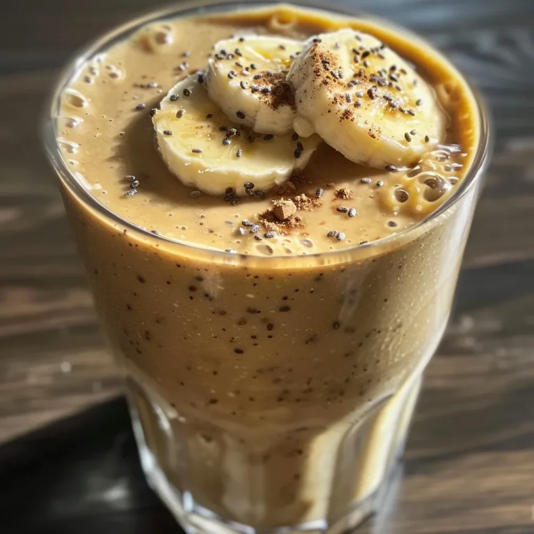 Close-up view of a creamy almond butter banana smoothie in a glass.