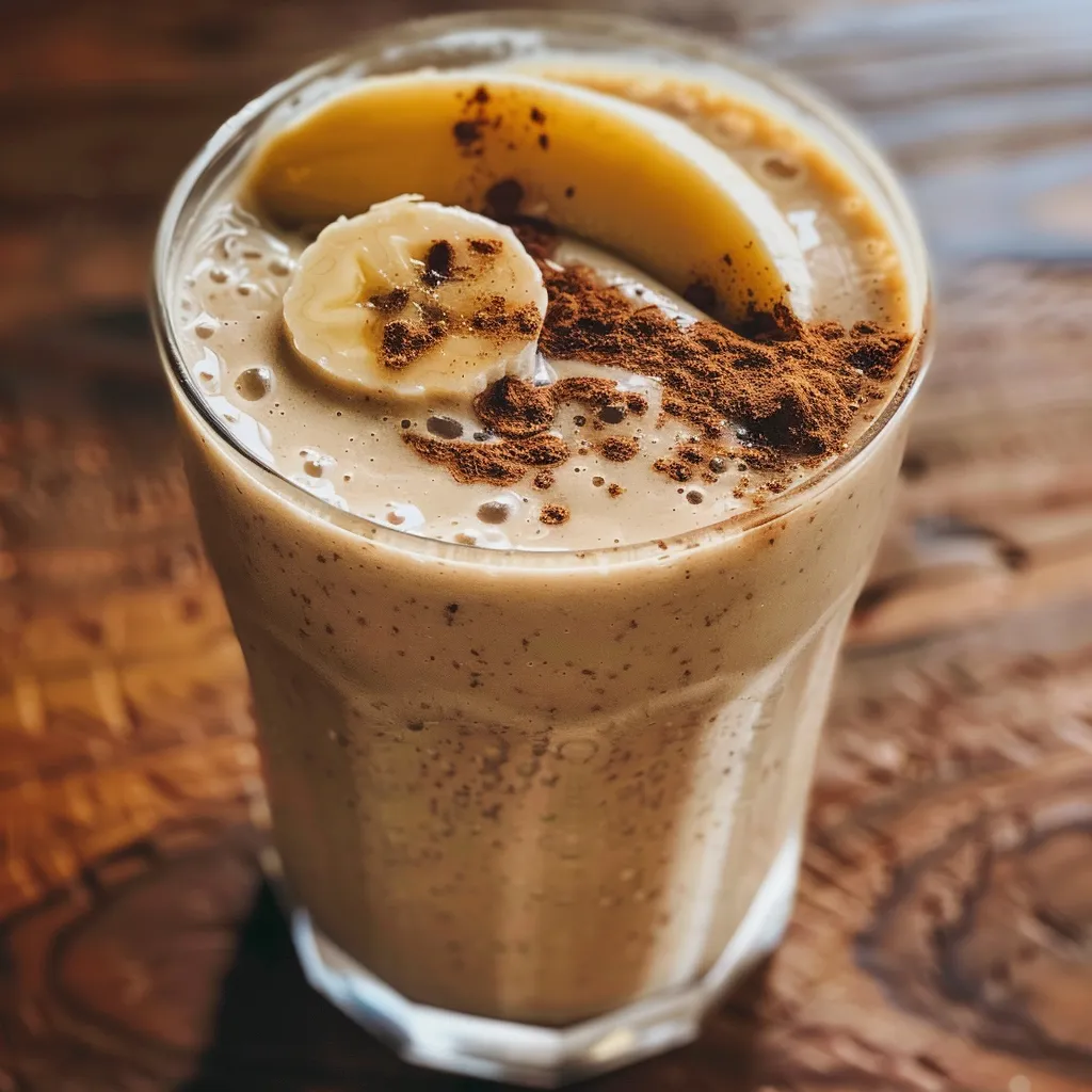 Side view of a smoothie made with almond butter and ripe banana, garnished with chia seeds.