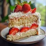 A close-up side view of a sliced Almond Coconut Strawberry Cake topped with fresh strawberries and whipped cream.