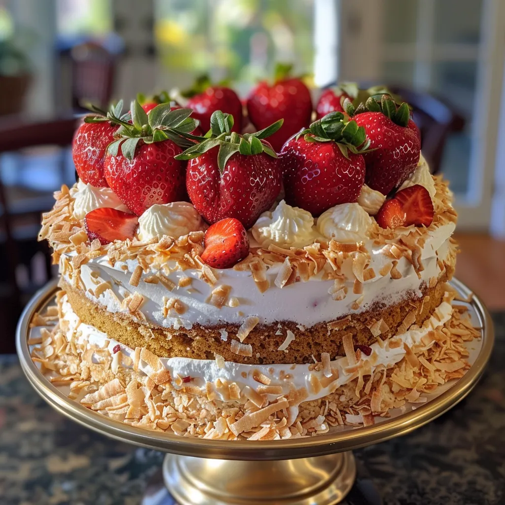 A detailed close-up of an Almond Coconut Strawberry Cake showcasing its layers and textures.