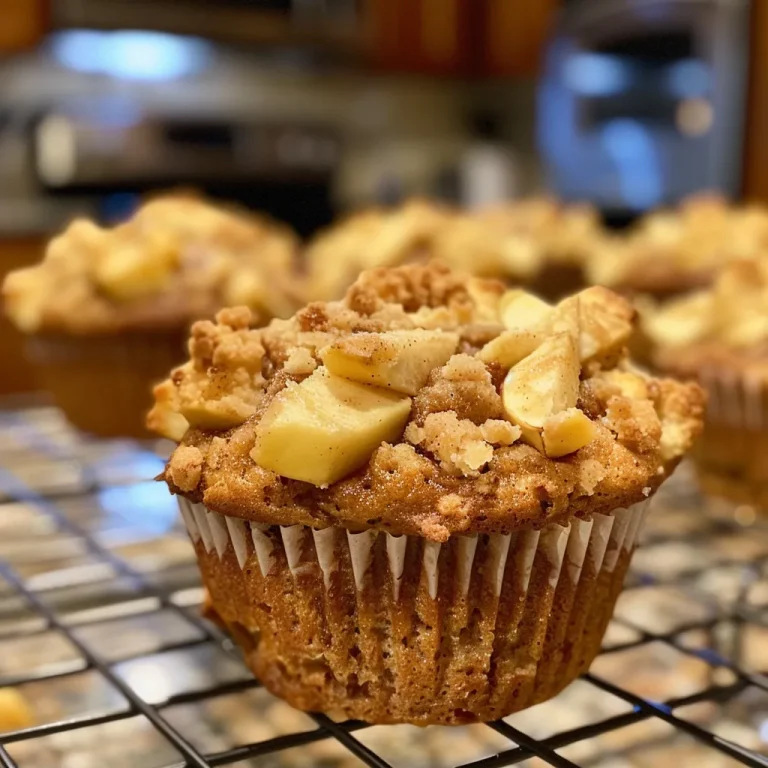 Close-up side view of freshly baked apple cinnamon muffins showcasing their golden tops and diced apple pieces.