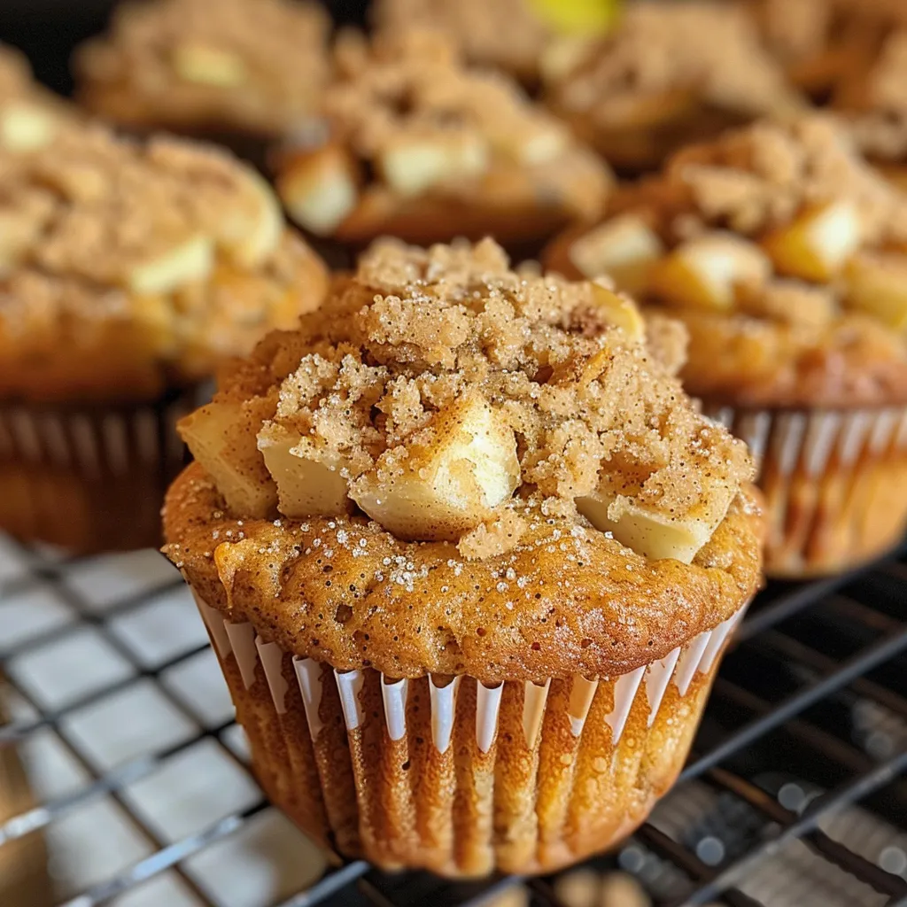 A delectable side view of apple cinnamon muffins, highlighting their fluffy texture and warm cinnamon dusting.