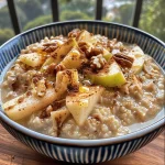 Close-up view of a bowl of apple cinnamon oatmeal topped with pecans and maple syrup.