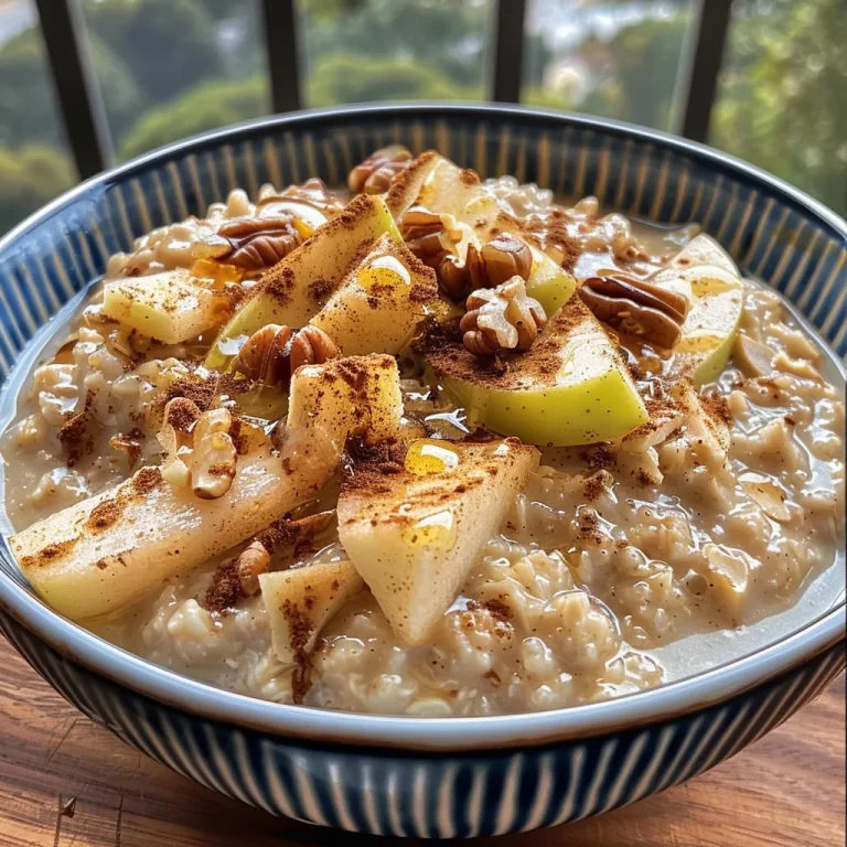 Close-up view of a bowl of apple cinnamon oatmeal topped with pecans and maple syrup.