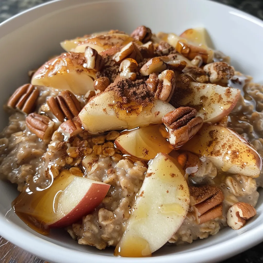 Side angle of steaming apple cinnamon oatmeal with diced apples and spices visible.